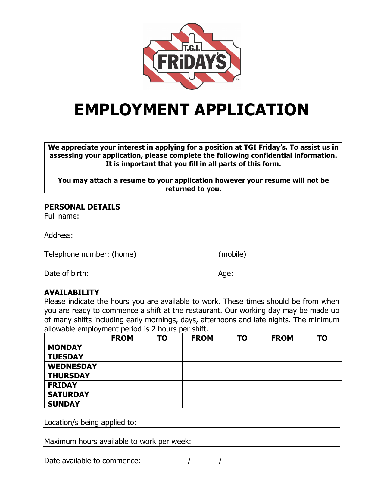 Download TGI Fridays Restaurant Job Application Form Careers Worksheets Library Download TGI Fridays Restaurant Job Application Form Careers Worksheets Library