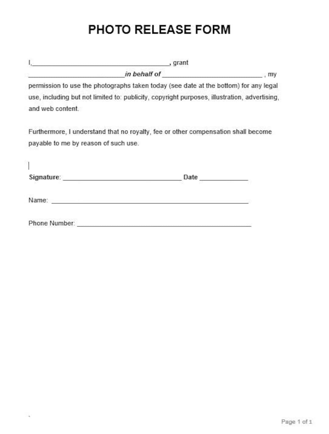 EASY Photo Release Form General Digital Print And Template Customize Word Release Form For Dummies Etsy