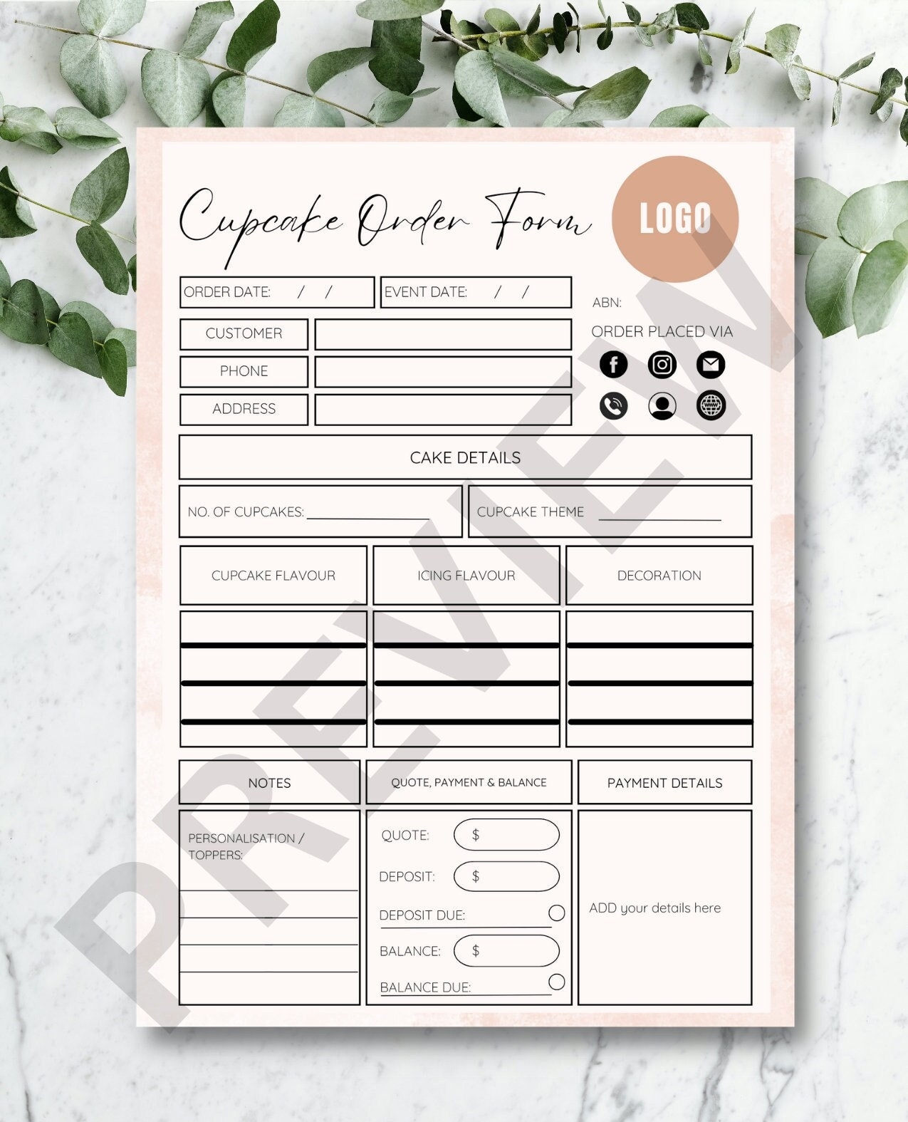 EDITABLE Cupcake Order Form Bakery PDF Printable Cake Business Form Bakery Business Template Cake Order Form Template Canva Cupcake Etsy