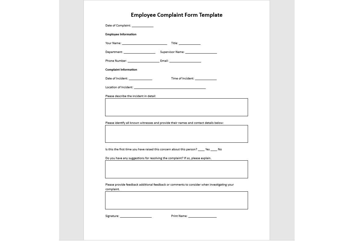 Editable Employee Complaint Form Template Complaint Template Complaint Form Employee Complaint Word Template Simple Template Etsy
