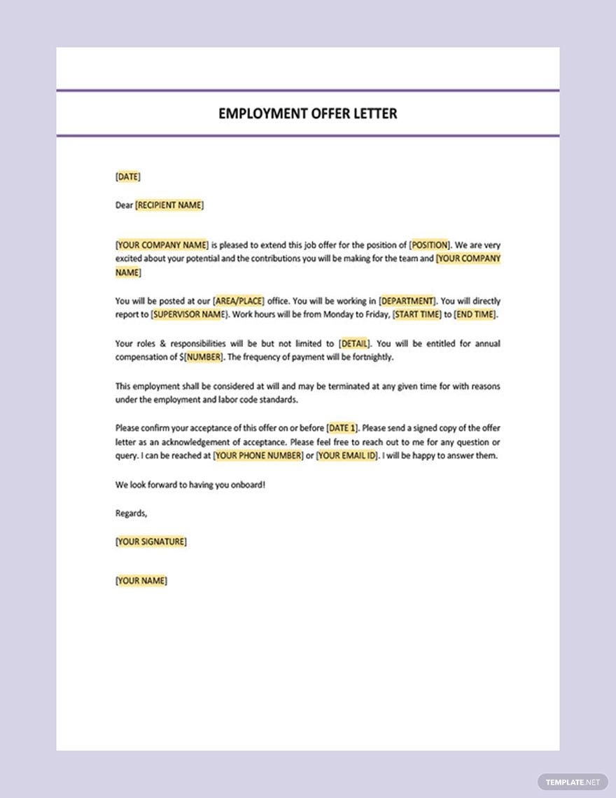 Editable Employment Offer Letter Template In Google Docs Word Pages PDF Download Template Editable Employment Offer Letter Template In Google Docs Word Pages PDF Download Template