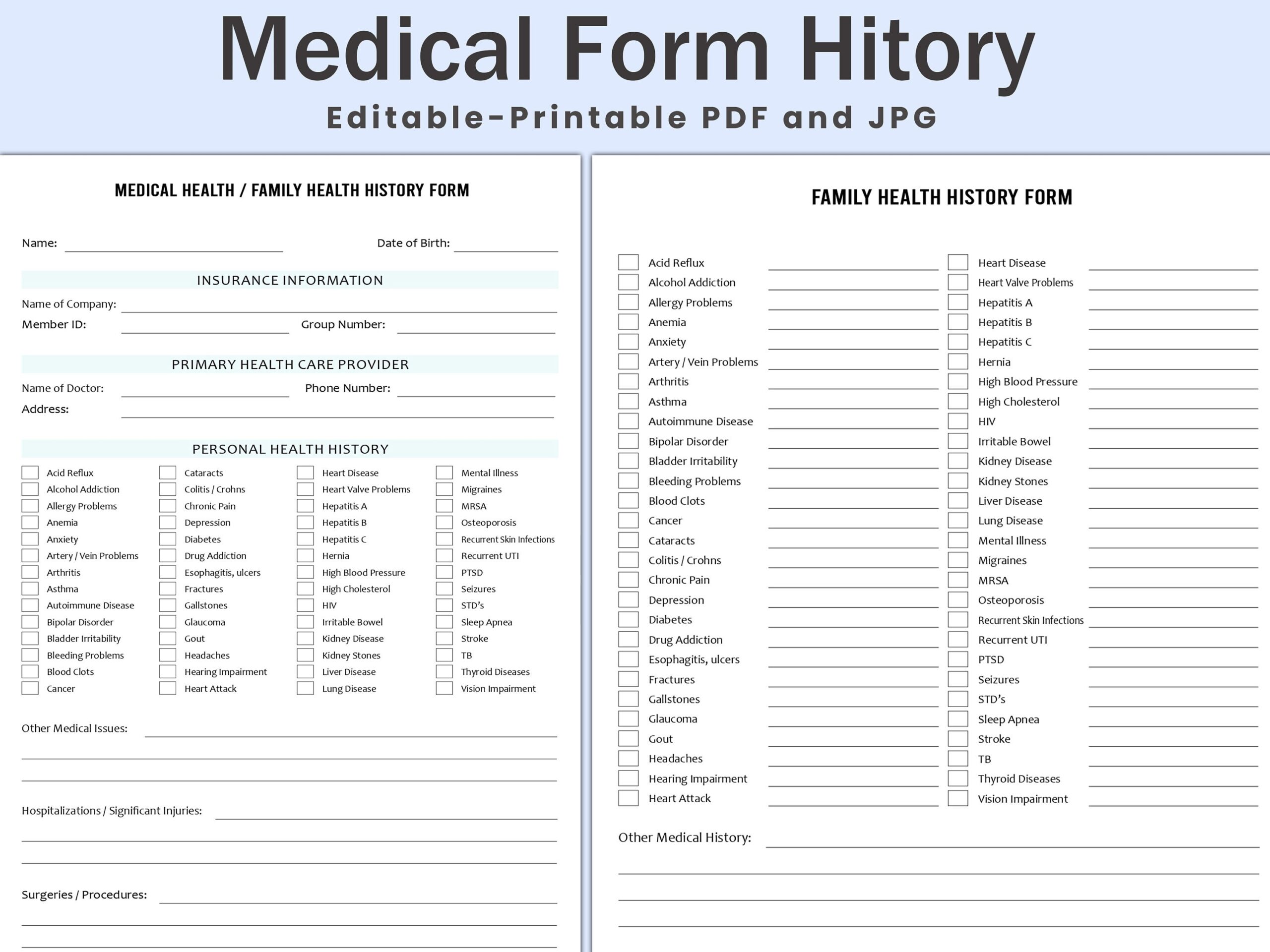 Editable Medical History Form Family Medical History Form Medical Record Personal Health History Medical Health Family Health History Etsy