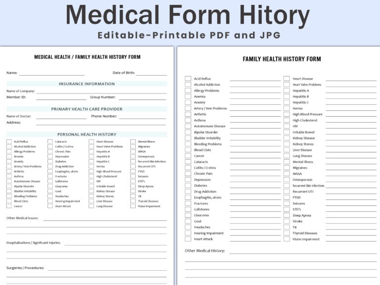 Editable Medical History Form Family Medical History Form Medical Record Personal Health History Medical Health Family Health History Etsy