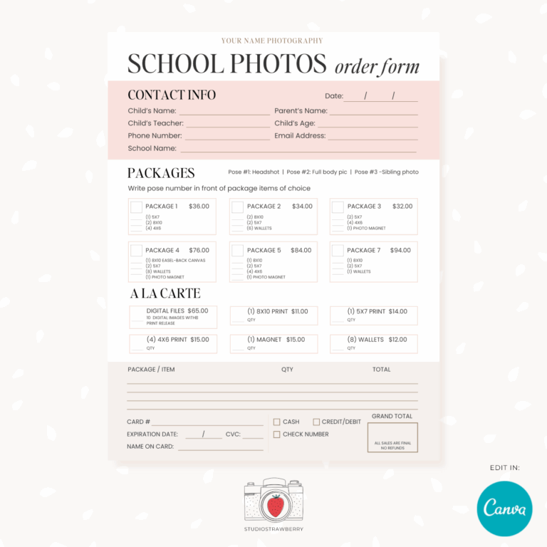Editable School Photography Order Form Template Strawberry Kit