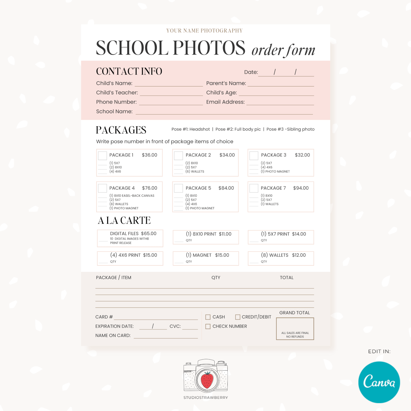 Editable School Photography Order Form Template Strawberry Kit Editable School Photography Order Form Template Strawberry Kit