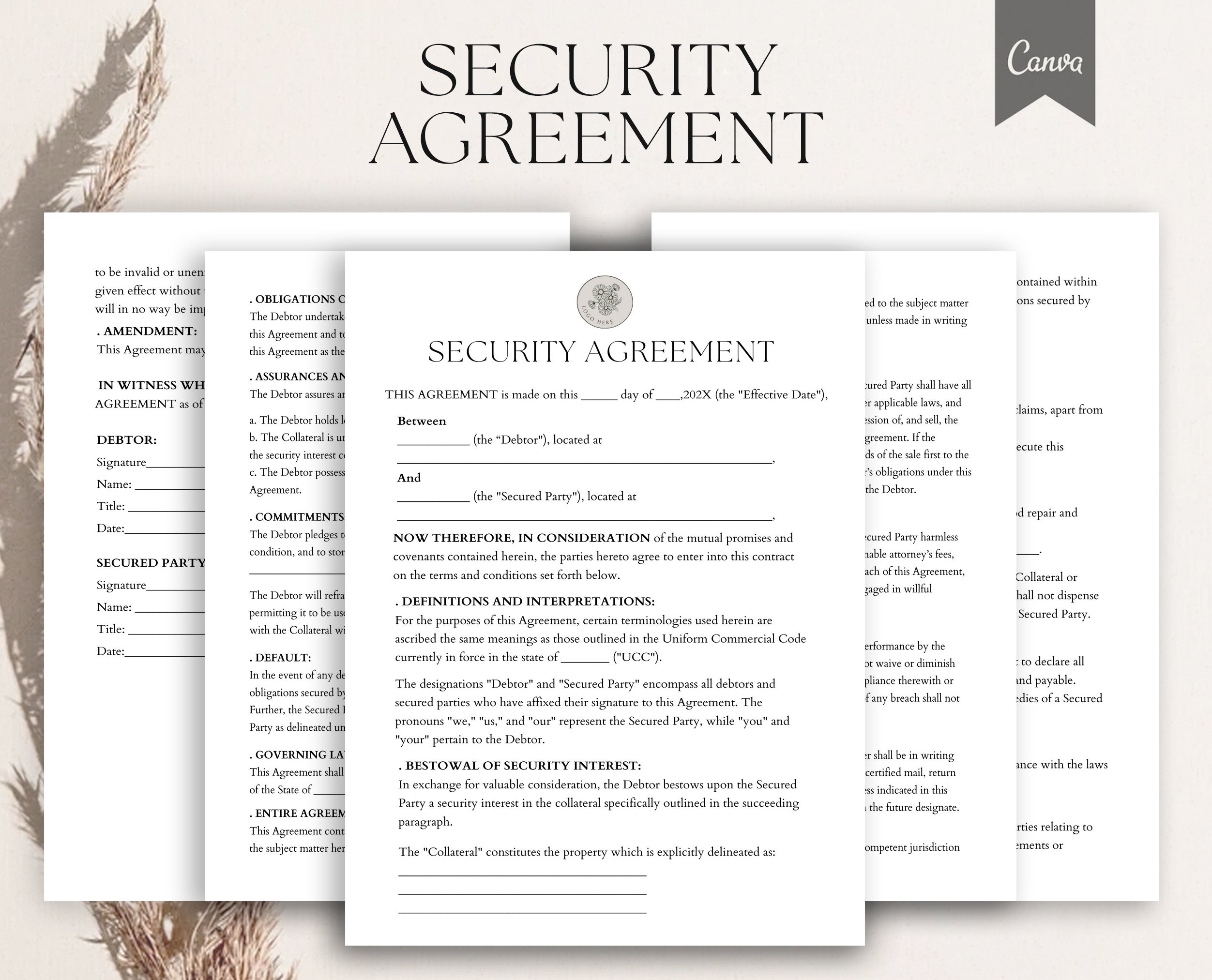 Editable Security Agreement Security Contract Financial Security Form Professional Security Agreement Template Pdf canva Etsy