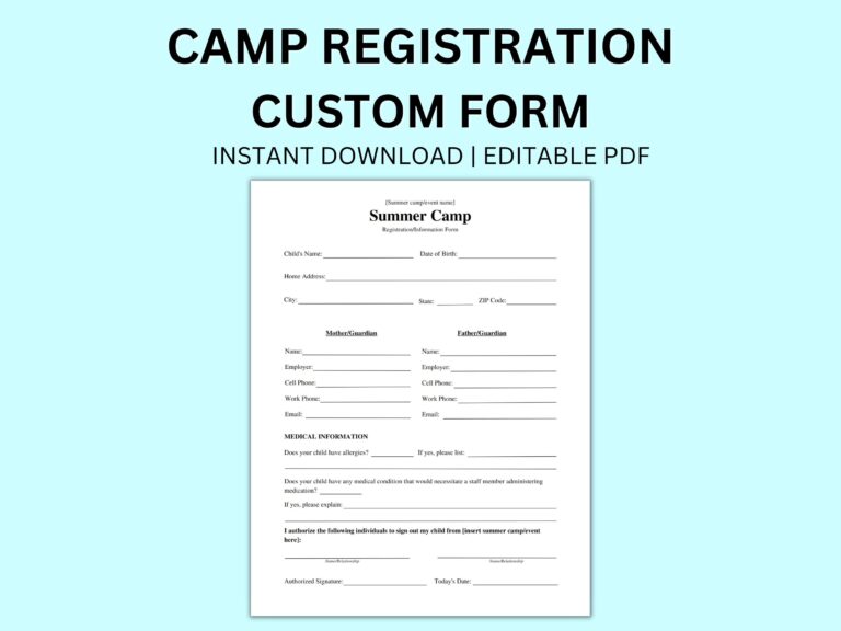 Editable Summer Camp Registration Form Medical Information digital Download Etsy