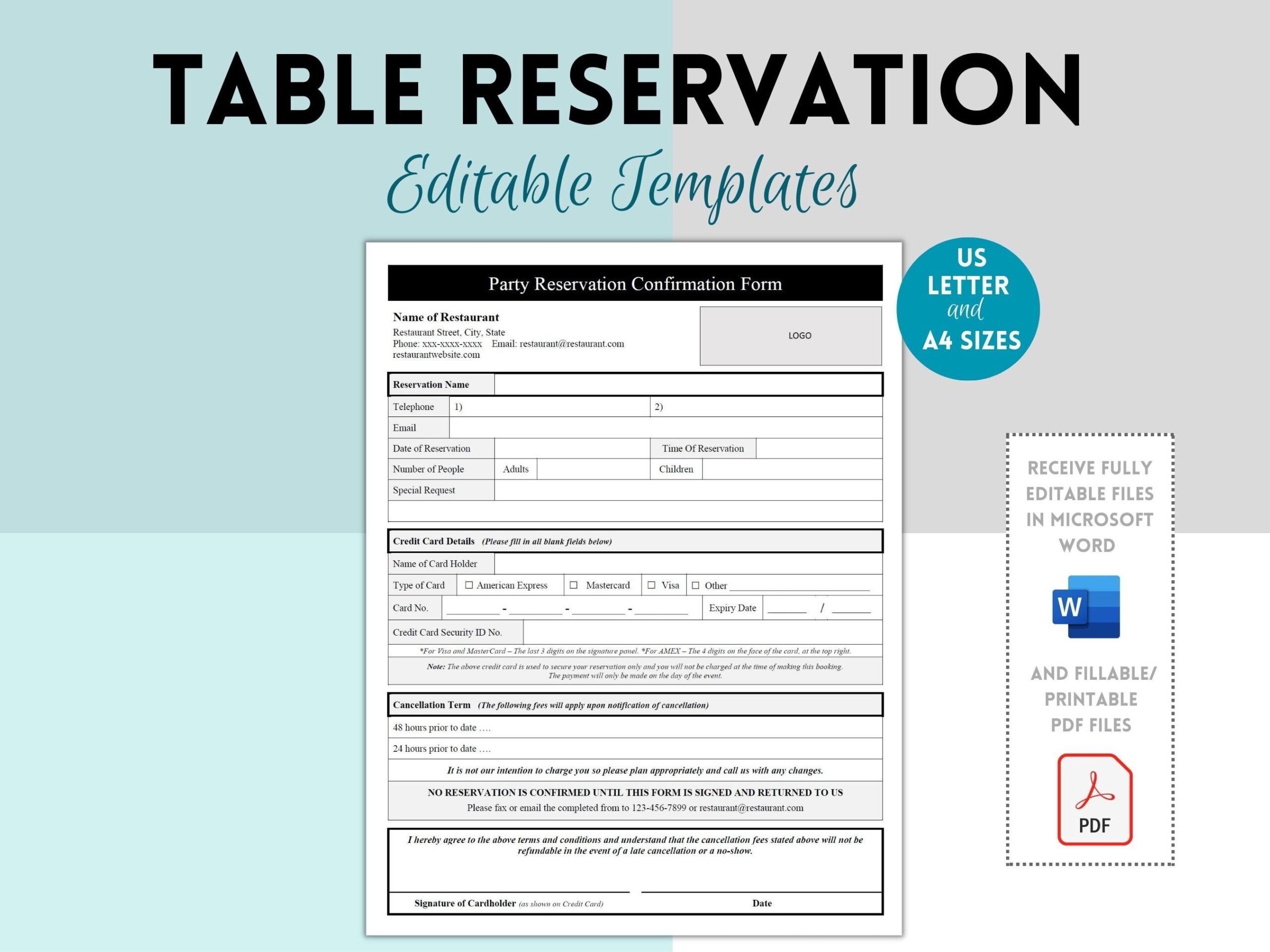 Editable Table Reservation List Restaurant Table Reservation Form Restaurant Reservation Sheet Large Party Reservation Etsy