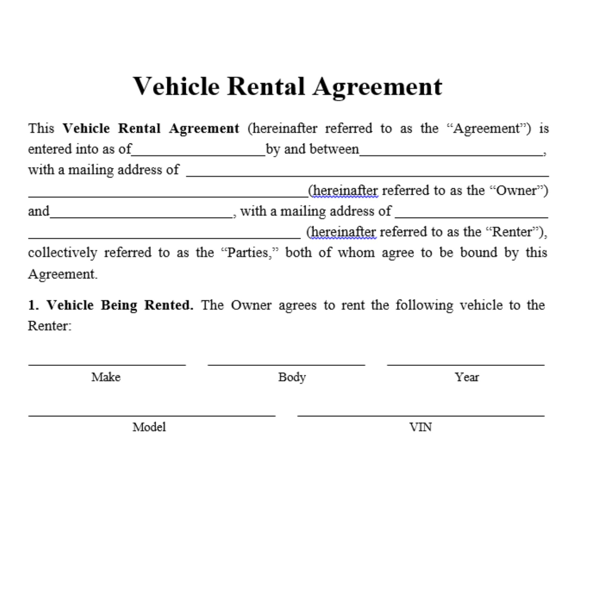 Editable Vehicle Rental Lease Agreement Car Rental Agreement Lease Agreement car Renting Contract Etsy