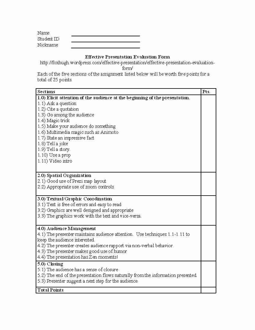 presentation evaluation form presentation evaluation form