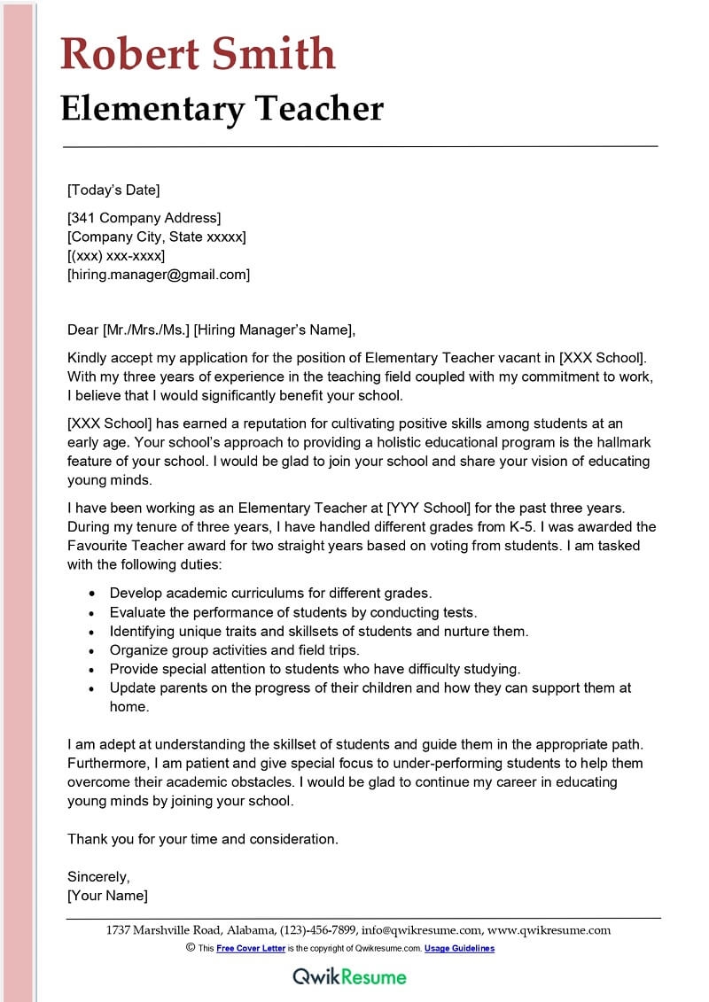 Elementary Teacher Cover Letter Examples QwikResume