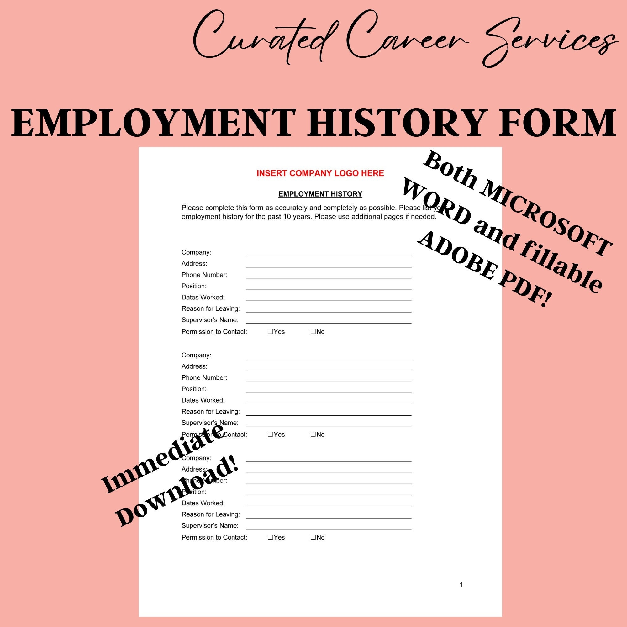 Employee Employment Job History Template Etsy