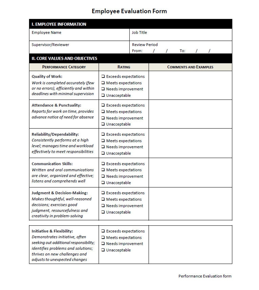 employee evaluation sample forms