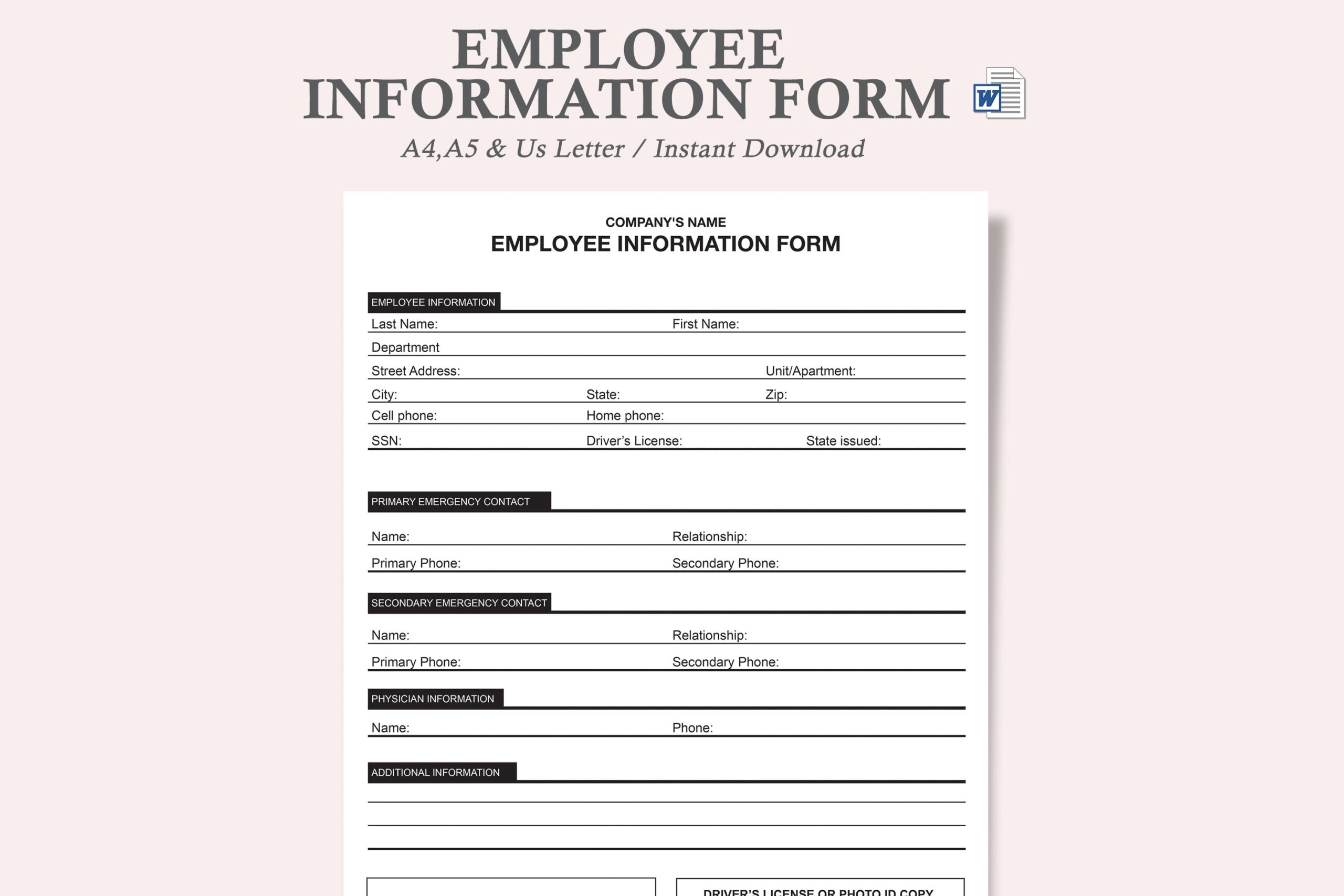 Employee Information Form new Employee Information Form employee Information Form Template employee Contact Information Form Etsy
