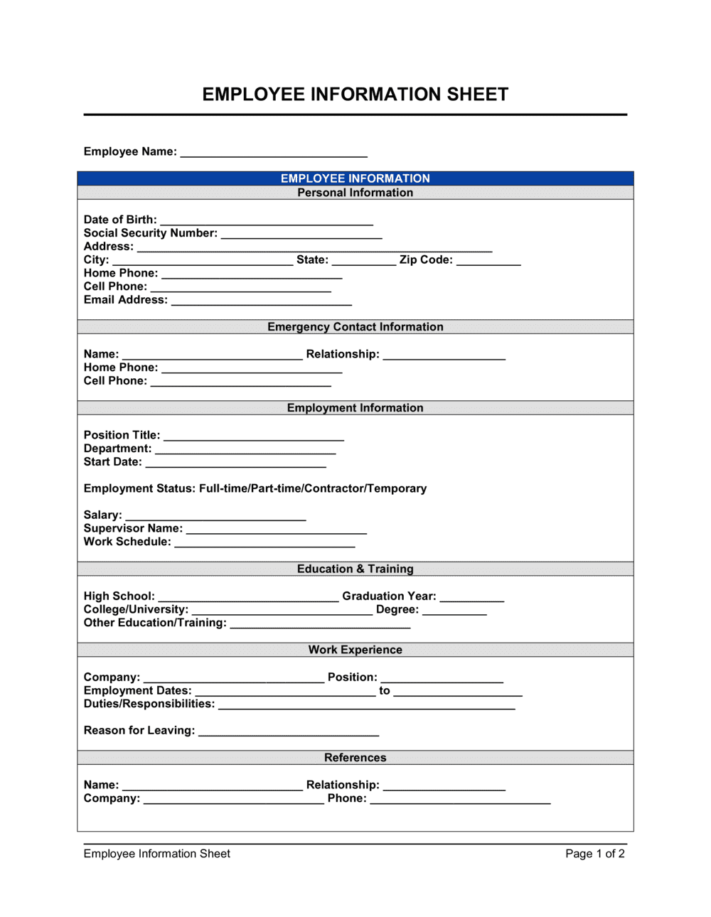 Employee Information Sheet Template