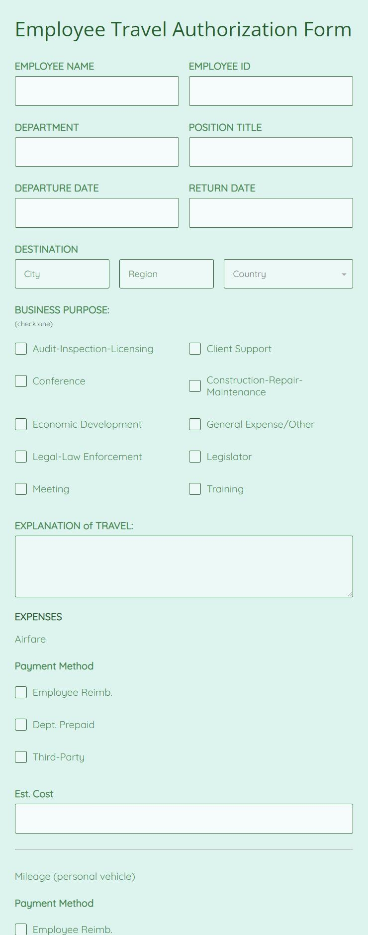 Employee Travel Authorization Form Template 123FormBuilder