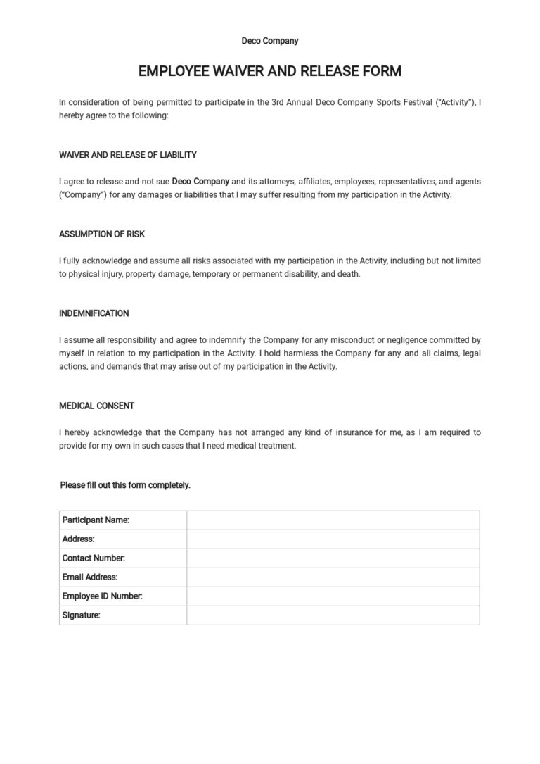 Employee Waiver And Release Form Template In Word Google Docs Download Template