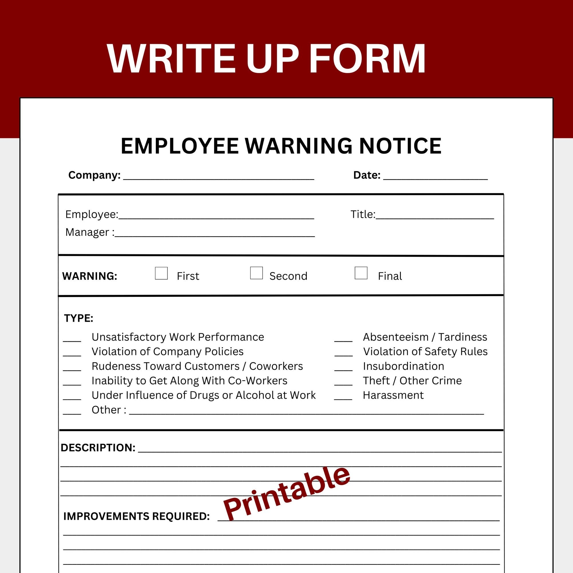 Employee Write Up Form Staff Write Up Form Employee Write Up Format Write Up Form Write Up Paperwork Written Write Up Form Write Up Etsy