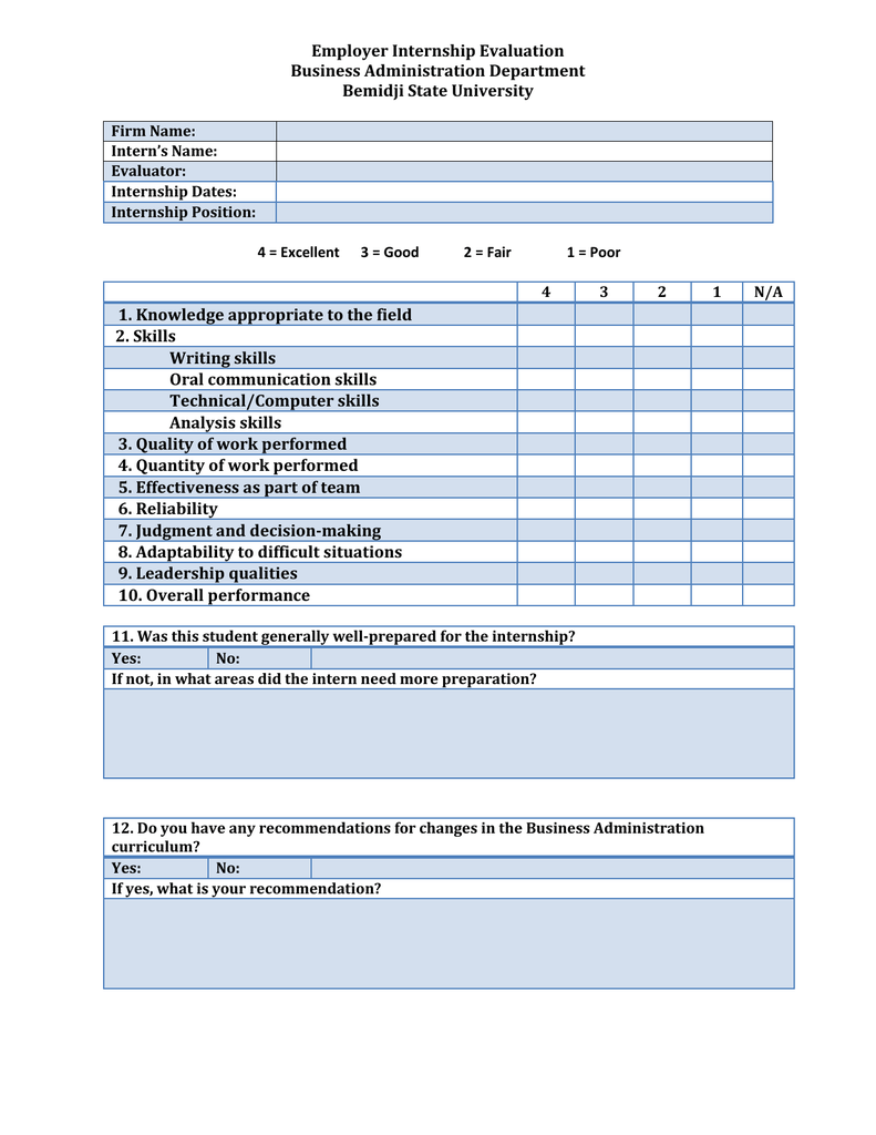 Employer Internship Evaluation Form Business Administration