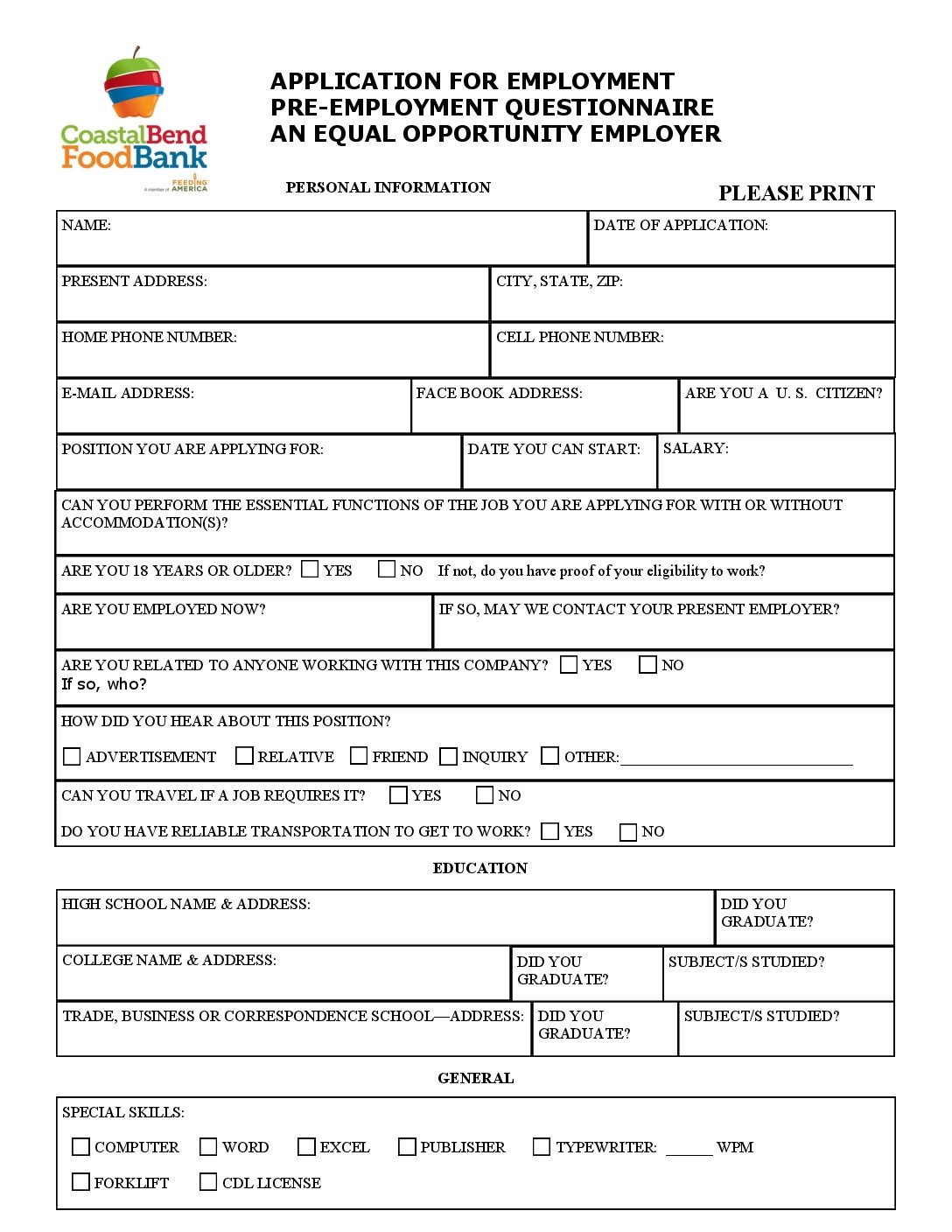 Employment Application Coastal Bend Food Bank