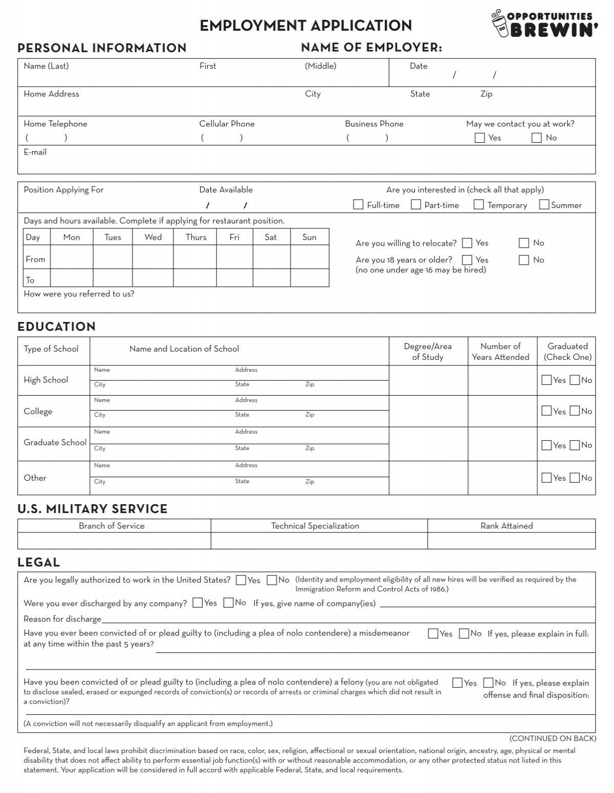 EMPLOYMENT APPLICATION Dunkin Donuts