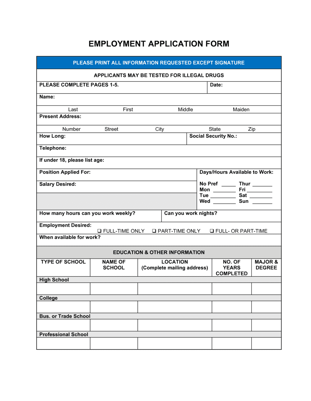 application for employment form free printable