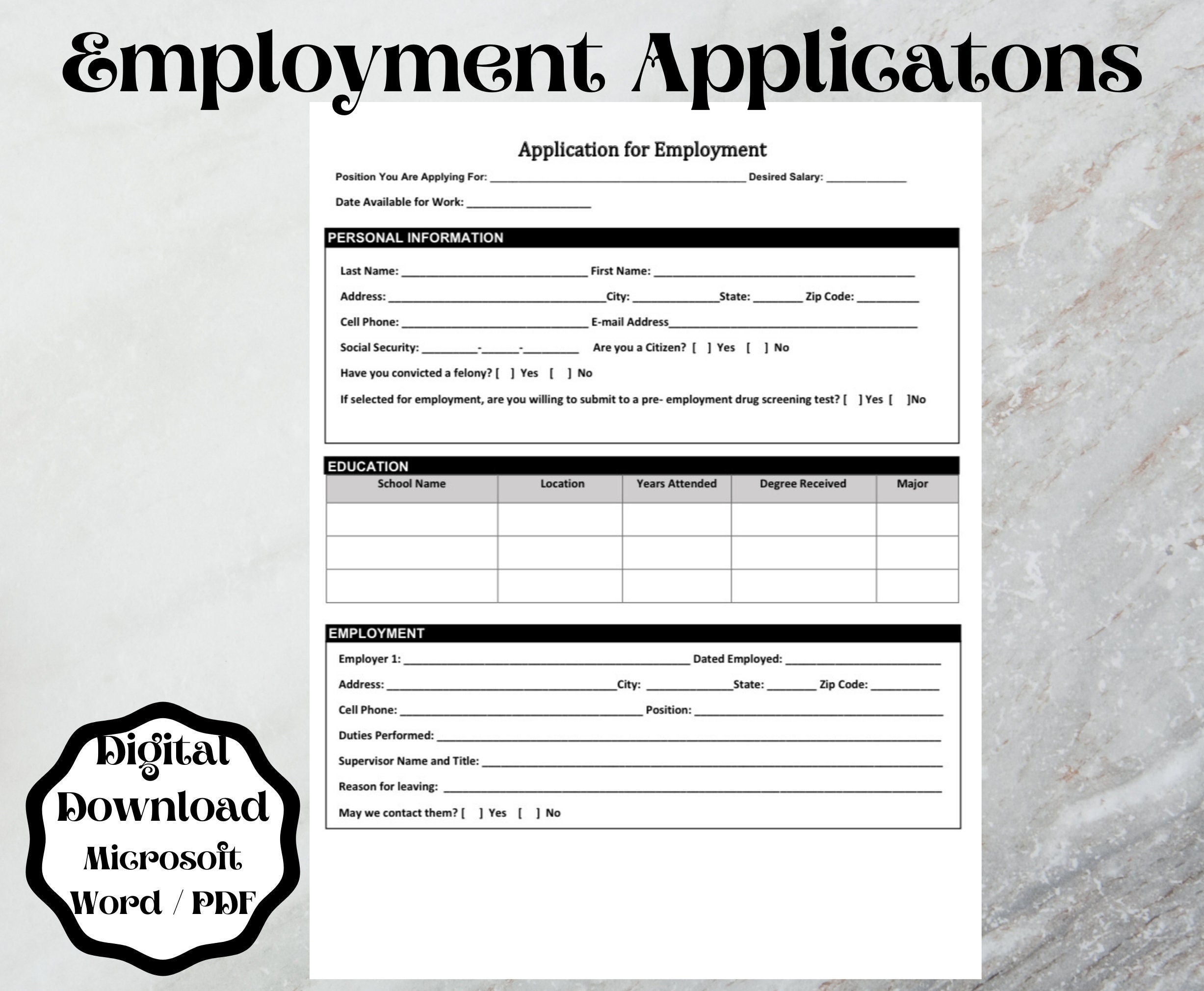 printable employment application form