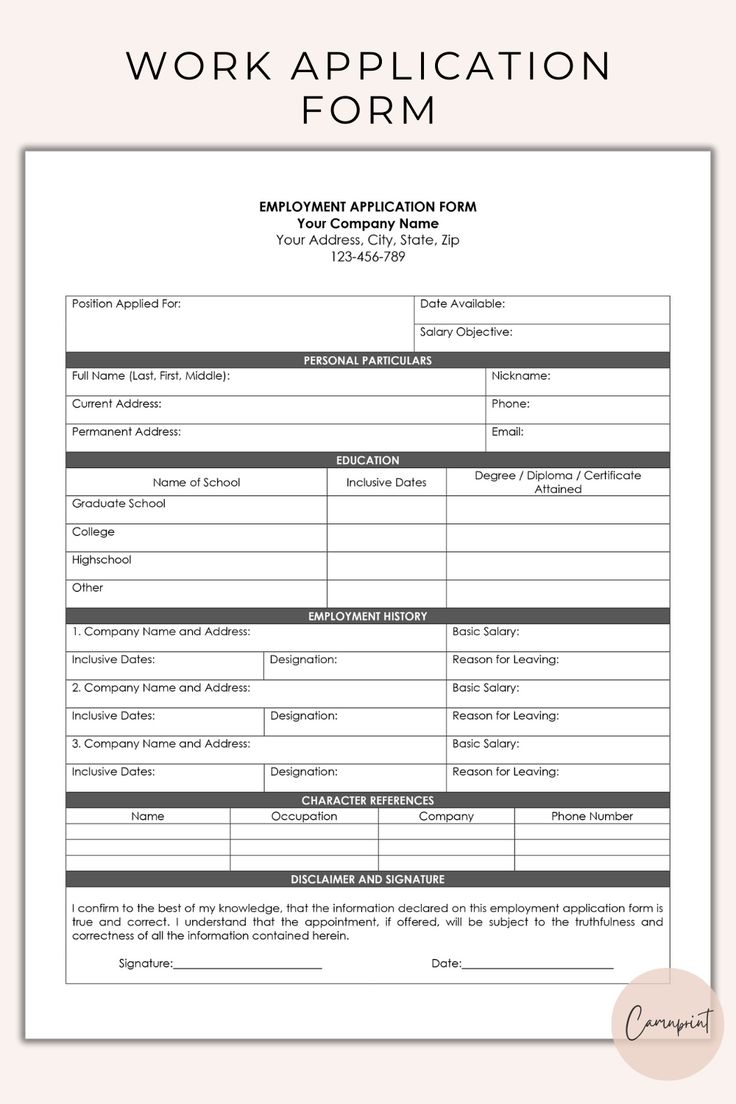 Employment Application Form Template