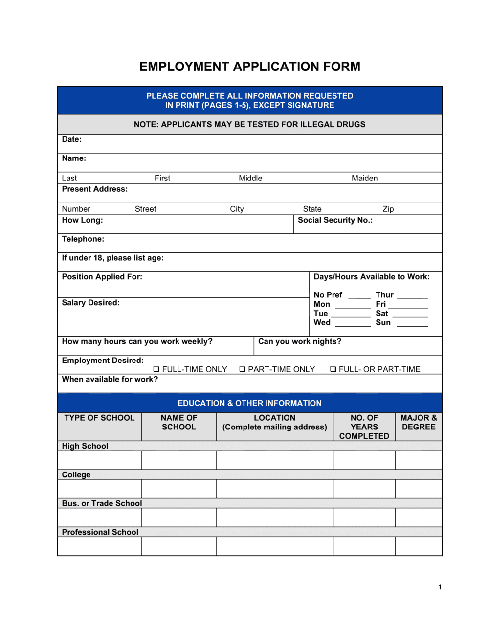 application for employment form