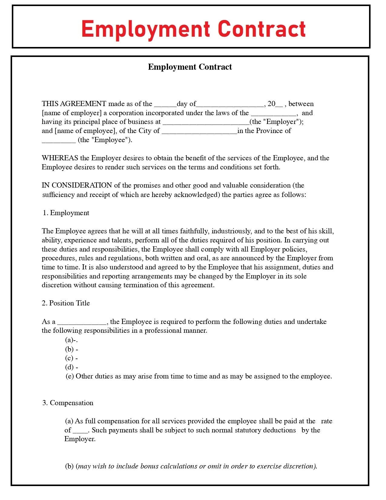 Employment Contract Agreement Employment Service Contract Template HR Employer Employee Form Template PDF File With Instant Download Etsy