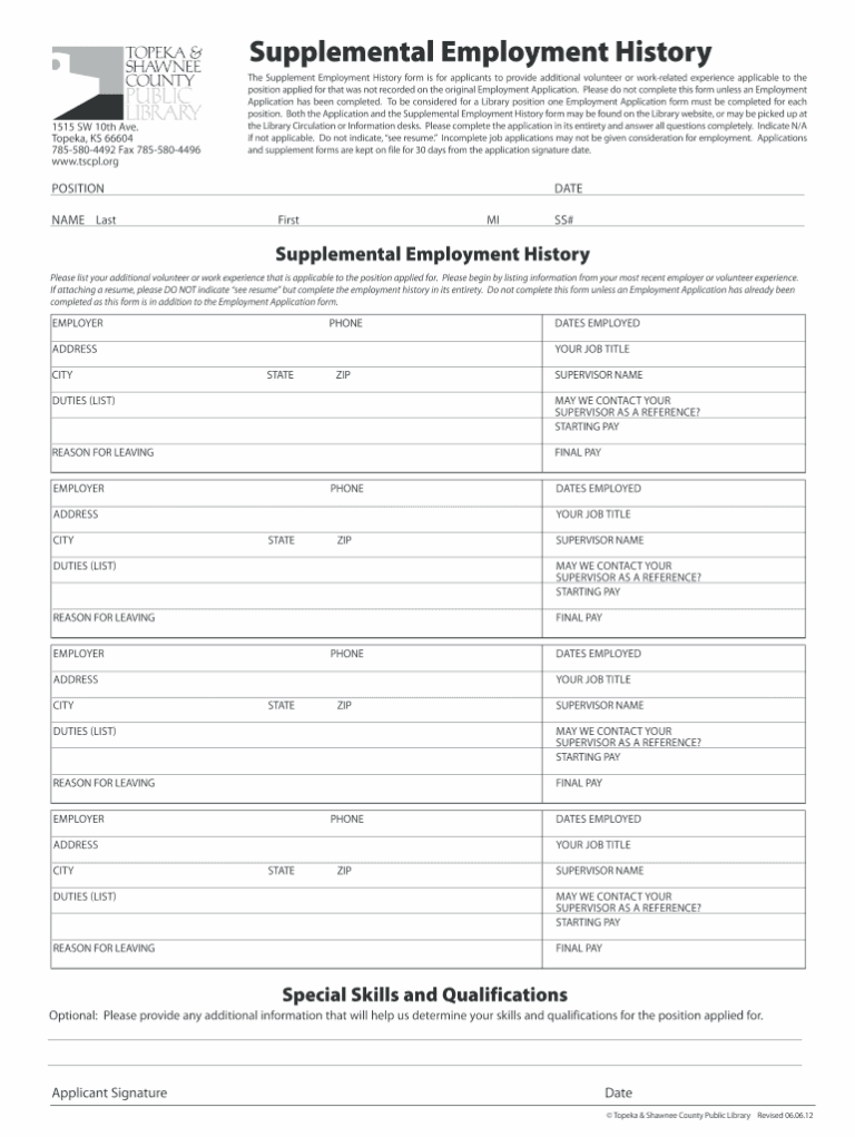 Employment History Form Download Fill Online Printable Fillable Blank PdfFiller
