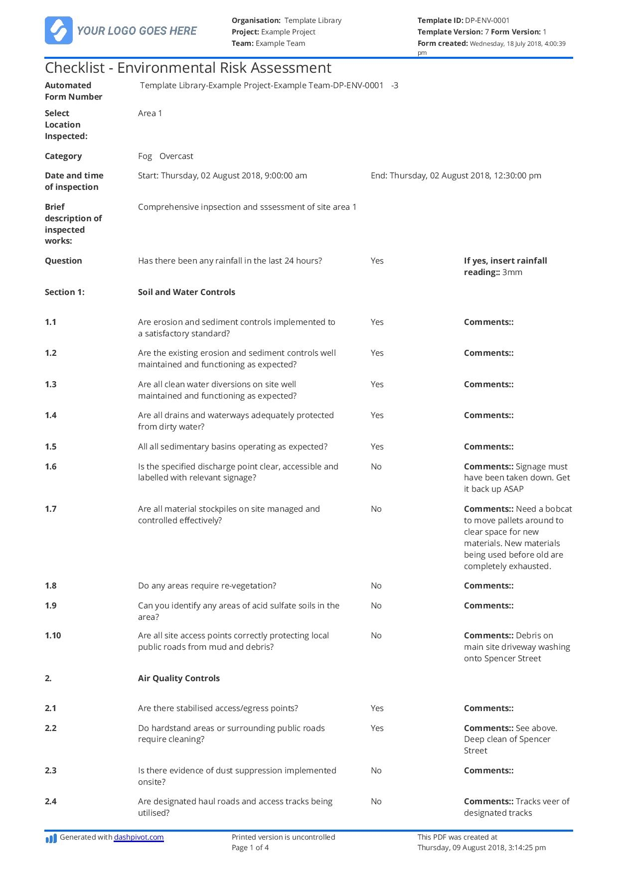 Environmental Risk Assessment Example Free To Use And Customisable