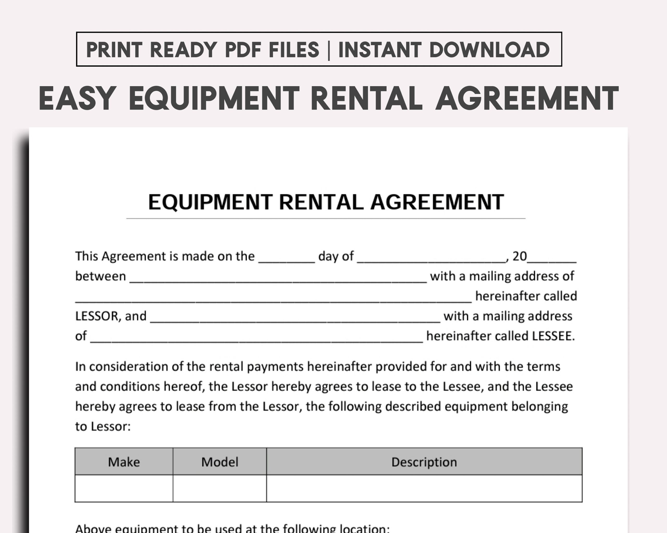 Equipment Rental Agreement Template Etsy Hong Kong