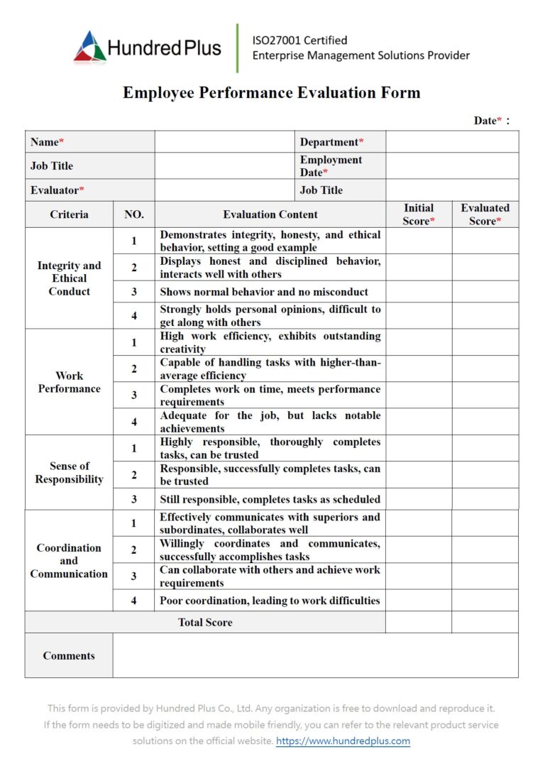 Example Form Employee Performance Evaluation Form 101Form