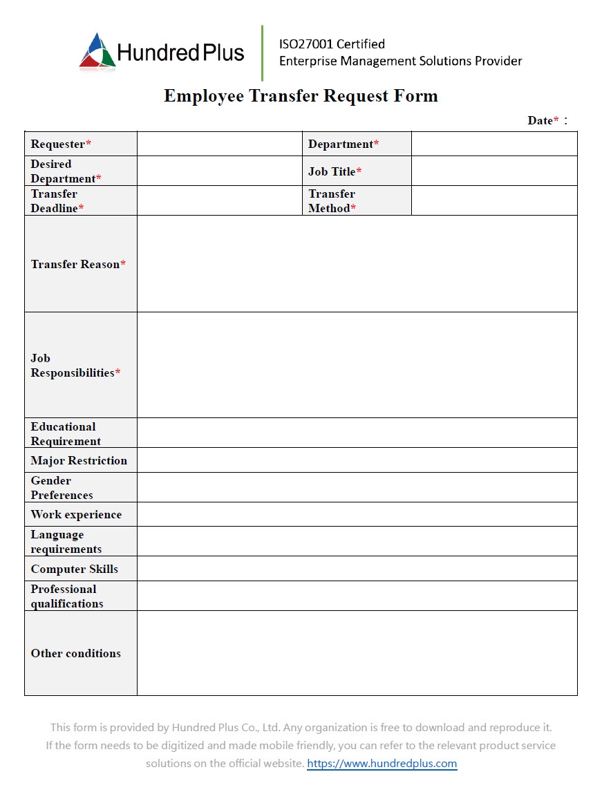 Example Form Employee Transfer Request Form 101EIP Example Form Employee Transfer Request Form 101EIP