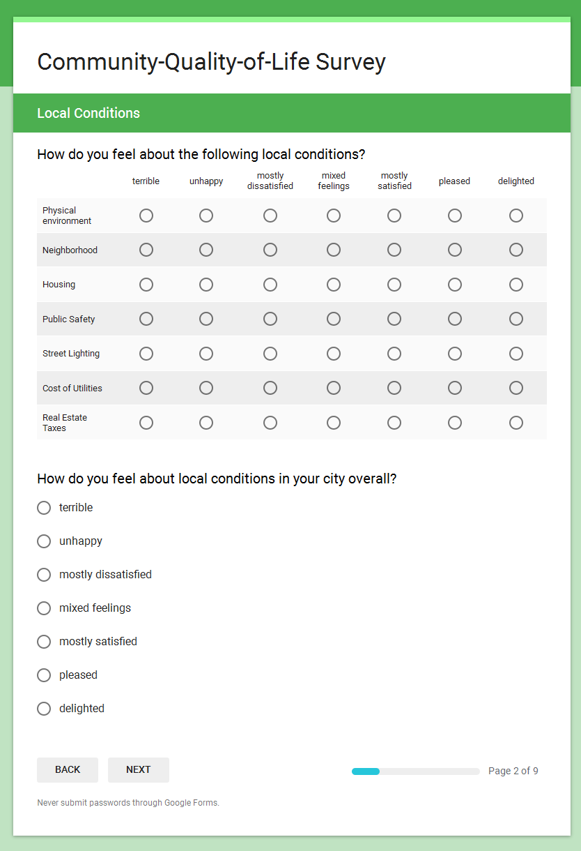 Example Survey Community Quality of Life Survey