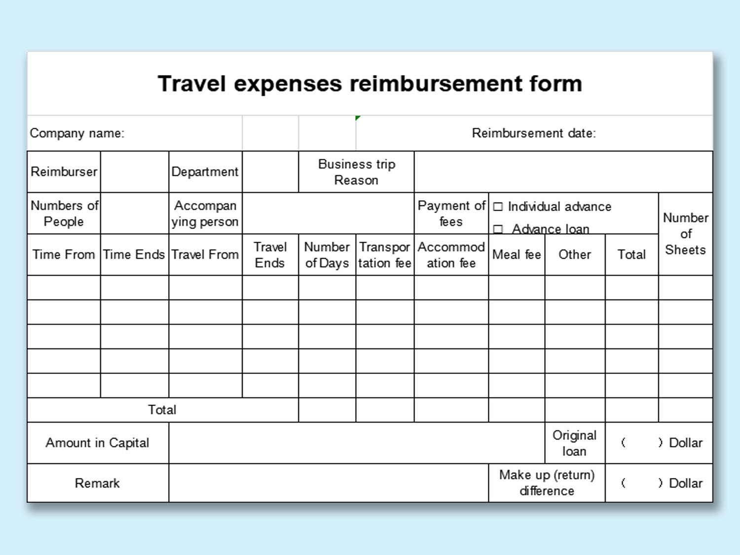 EXCEL Of Travel Expenses Reimbursement Form xlsx WPS Free Templates
