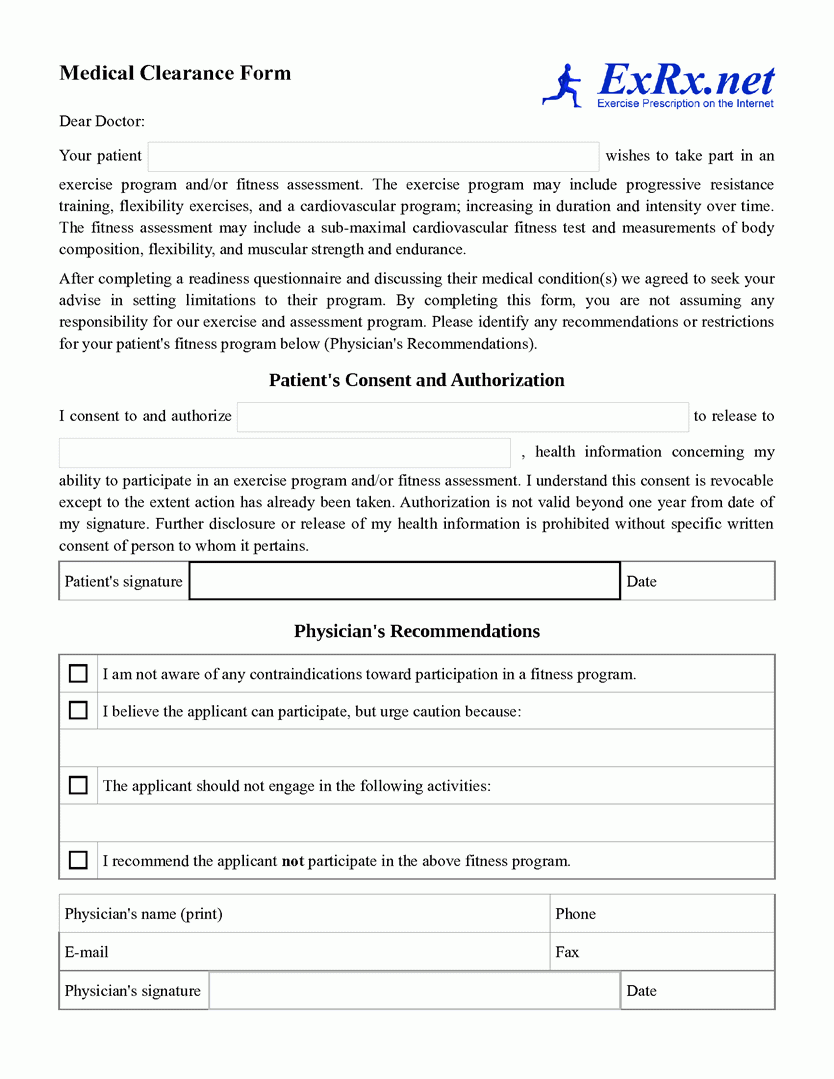ExRx Medical Clearance Form