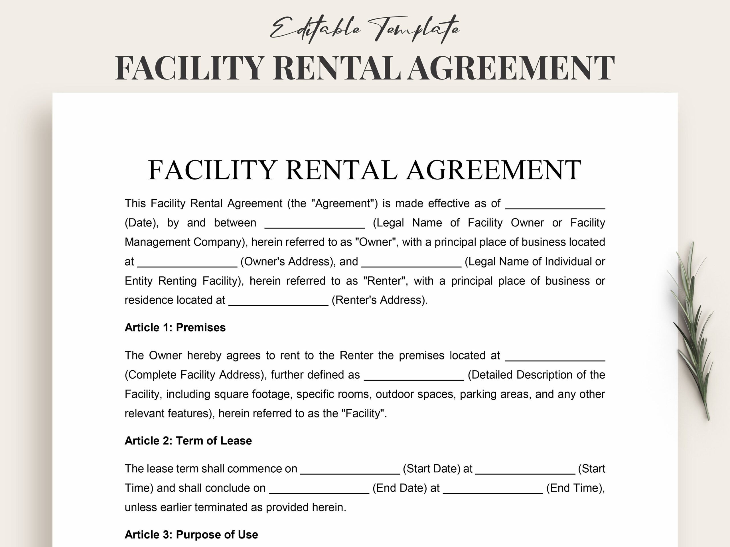 Facility Rental Agreement Template Word Customizable Venue Lease Contract Instant Download Easy to edit Event Space Rental Form PDF Etsy