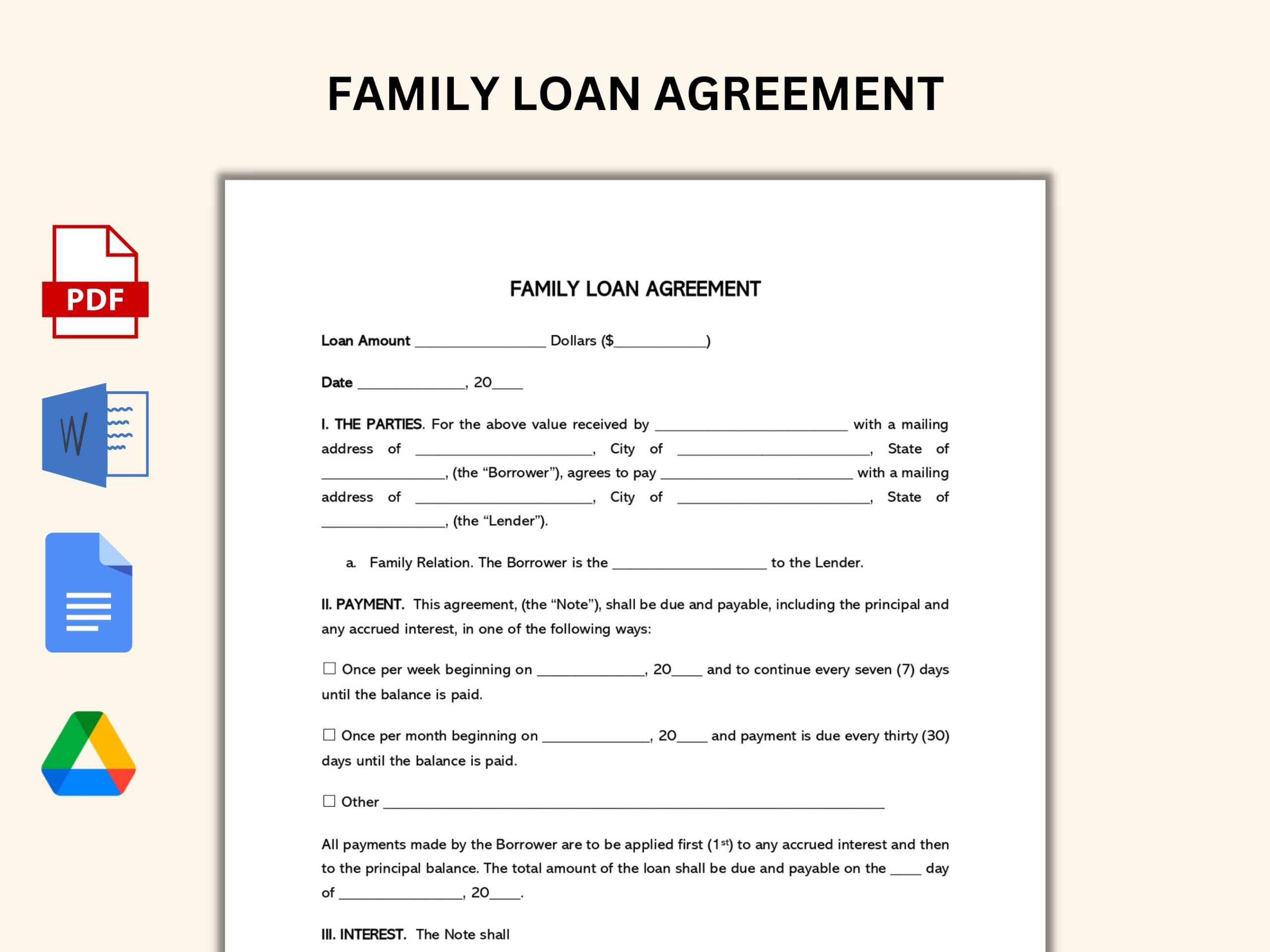 Family Loan Agreement Template Etsy