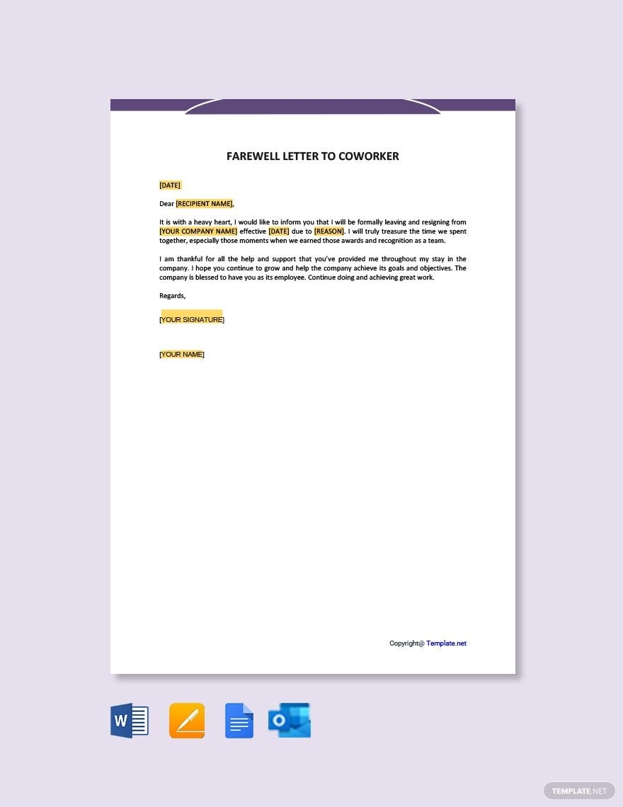 Farewell Letter To Coworker In Google Docs Pages Word Outlook PDF Download Template