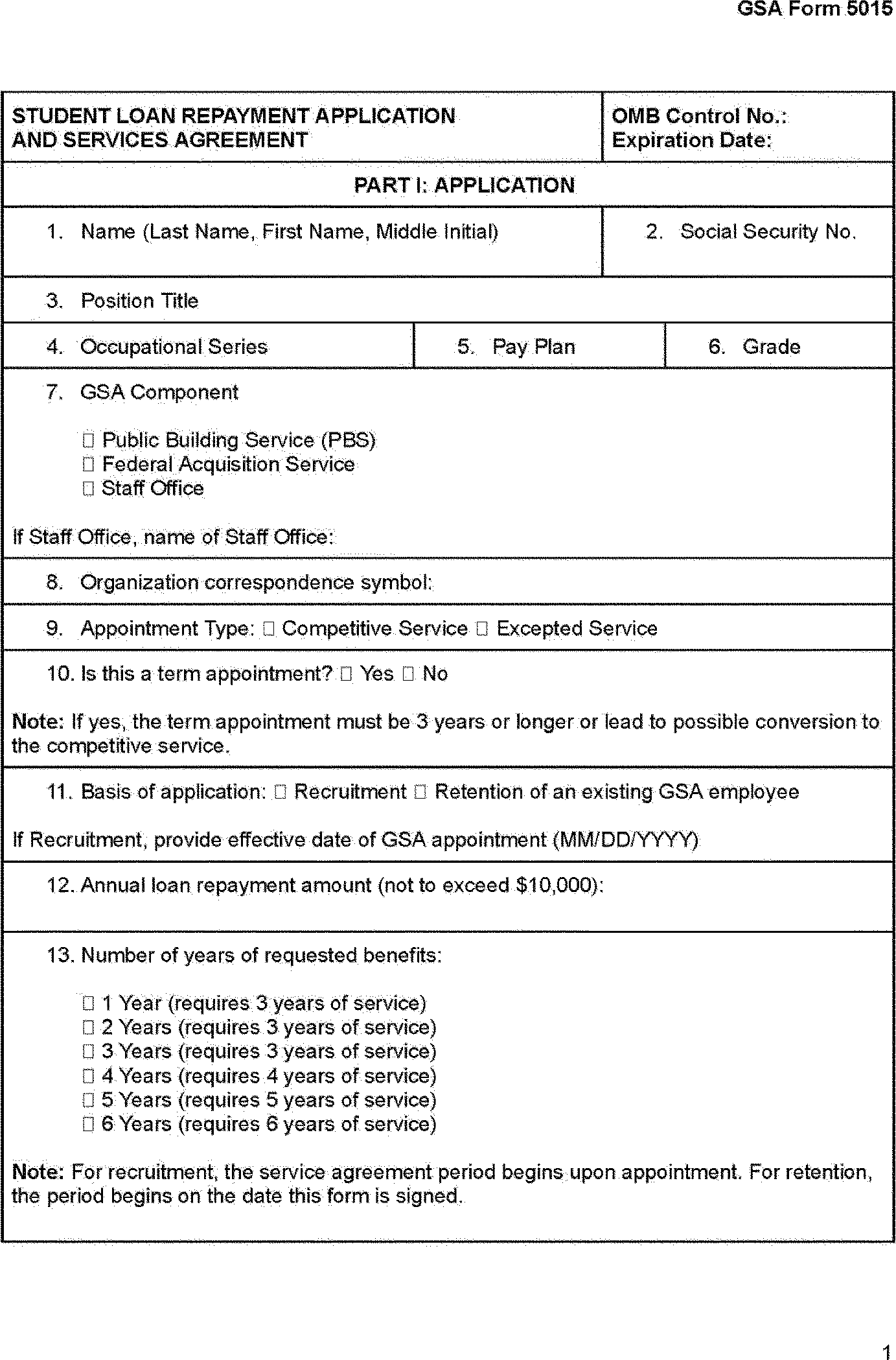 Federal Register Information Collection Student Loan Repayment Application And Service Agreement GSA Form 5015 