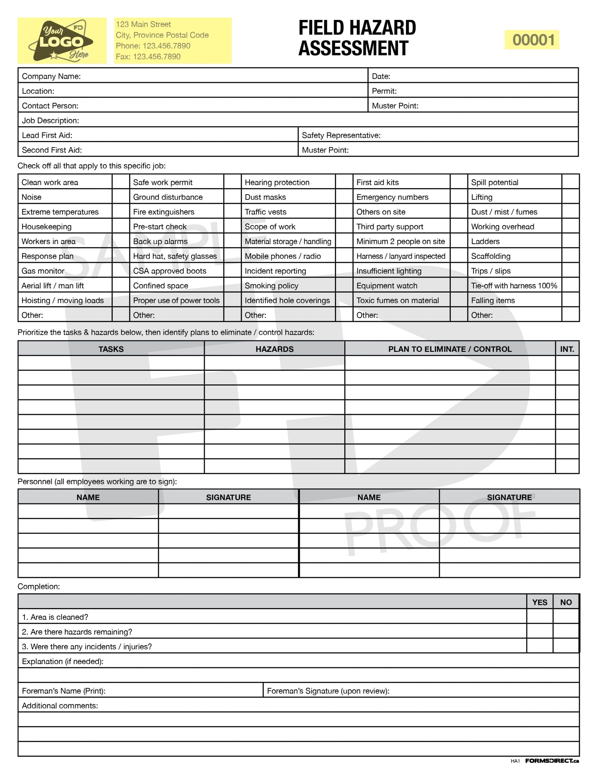 Field Hazard Assessment HA1 Form Template Forms Direct