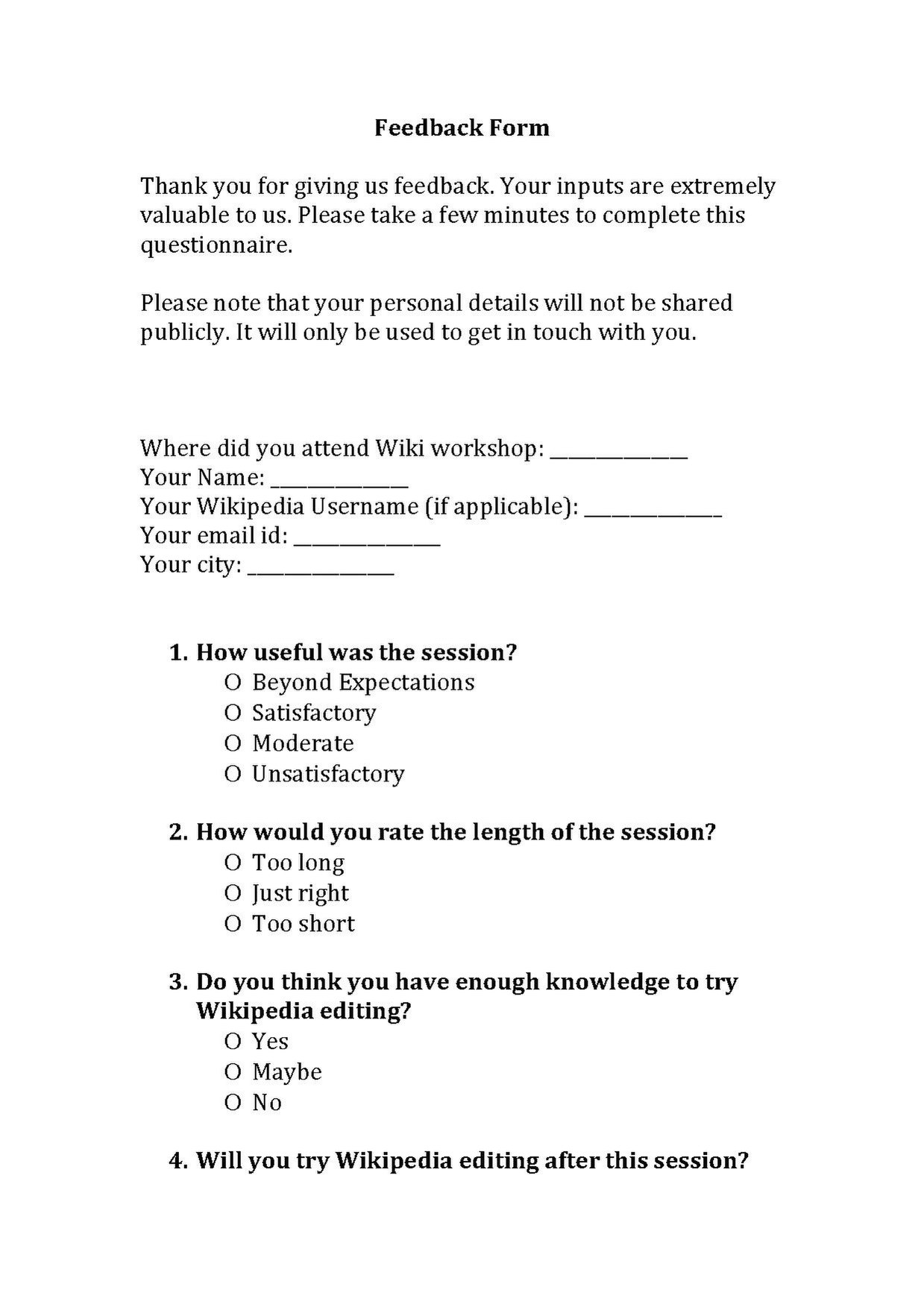 workshop feedback form workshop feedback form