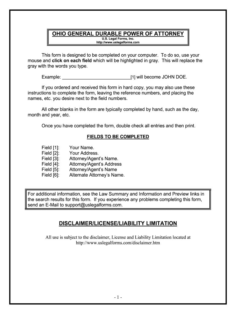 free printable durable power of attorney form ohio pdf