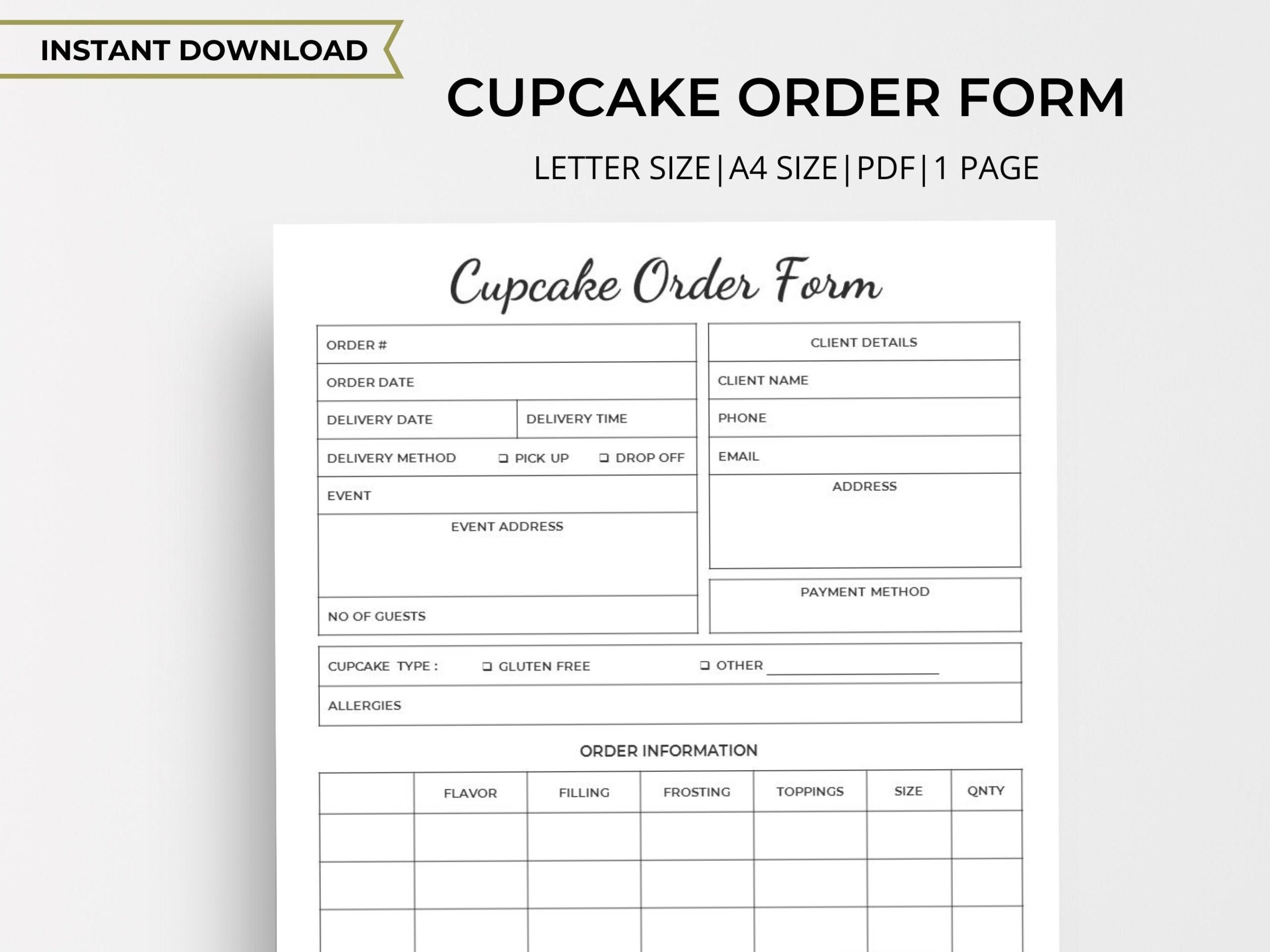 Fillable Cake Order Form Cupcake Order Form Bakery Planner Fillable Order Forms Cake Invoice Receipt Template Bakery Invoice Template Etsy