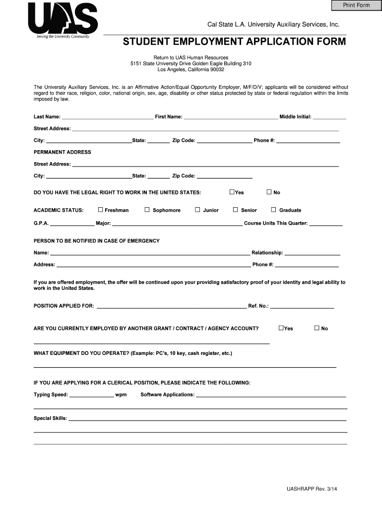 Fillable Online Calstatela Student Employment Application Form California State University Calstatela Fax Email Print PdfFiller
