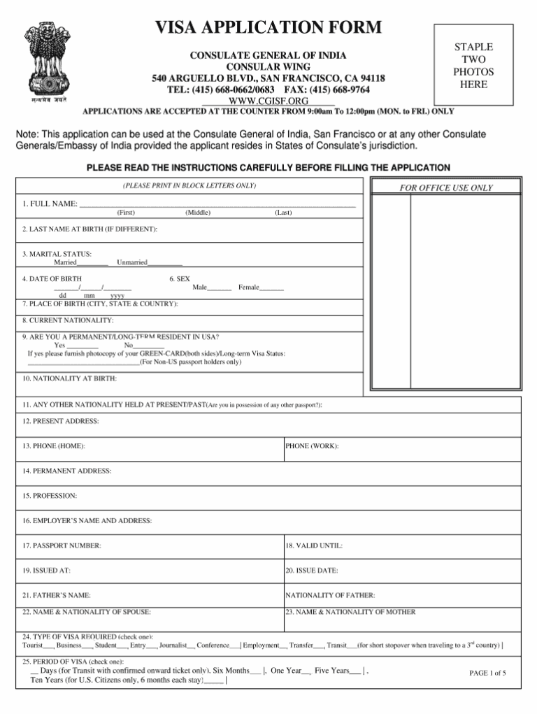 Fillable Online Indian Visa Application Form Pdf San Francisco Fax Email Print PdfFiller