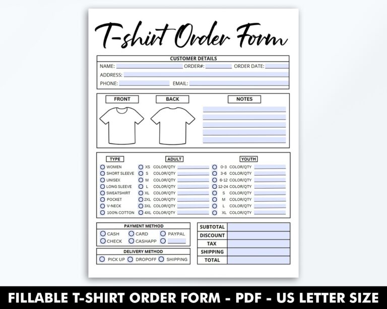 Fillable T shirt Order Form Template Editable Shirt Order Form PDF Small Business Forms Printable Digital File Instant Download Etsy