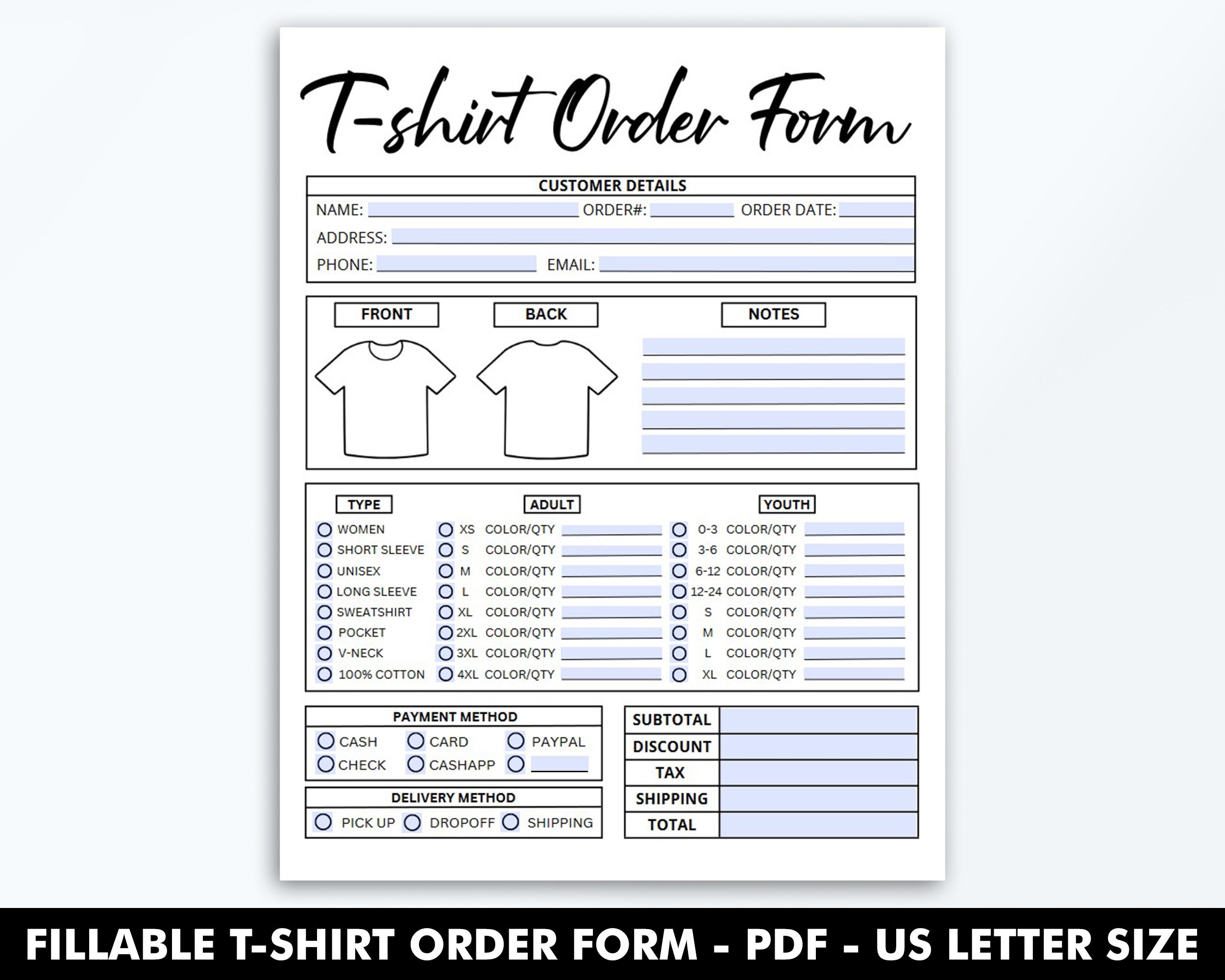 Fillable T shirt Order Form Template Editable Shirt Order Form PDF Small Business Forms Printable Digital File Instant Download Etsy